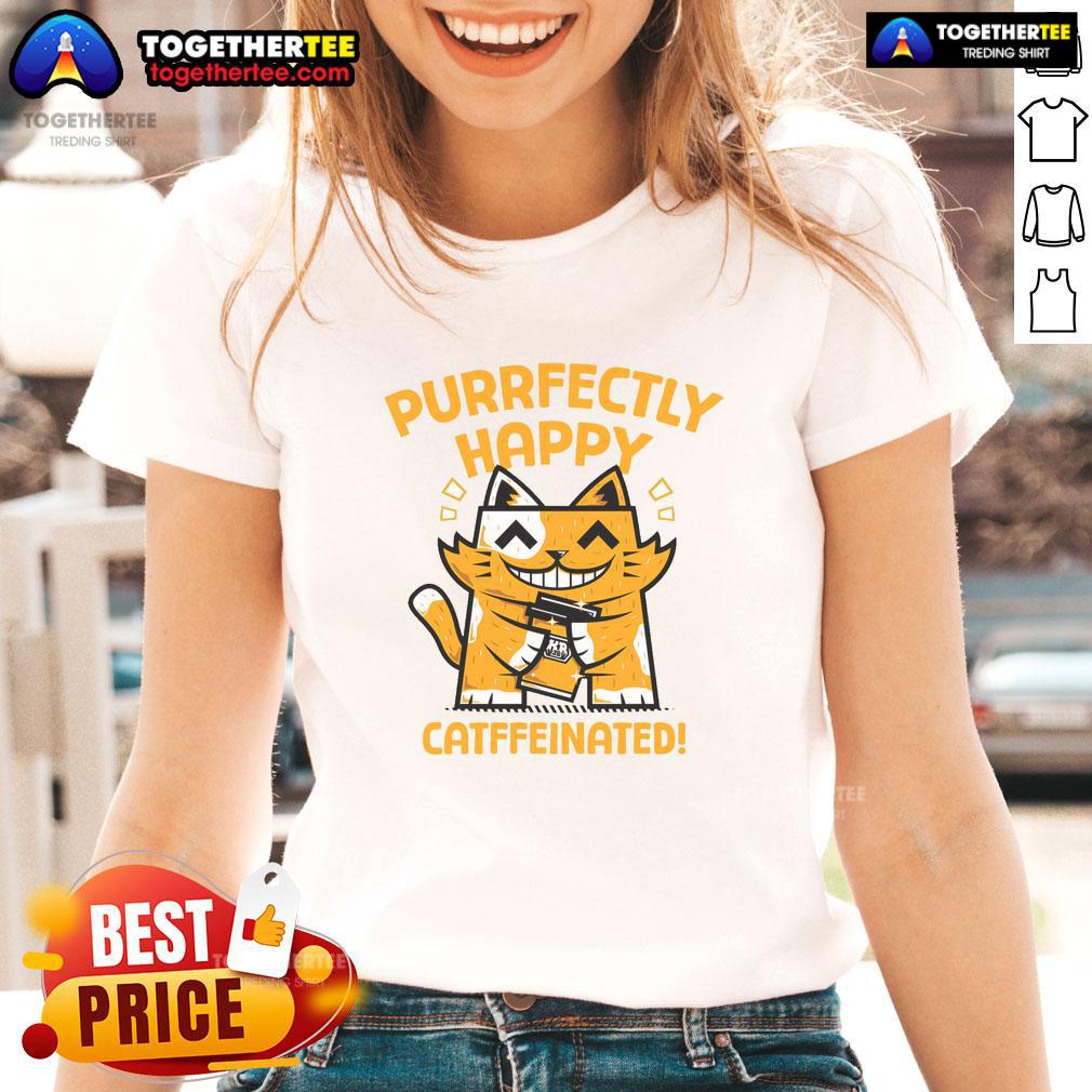 Official Purrfectly Happy Catffeinated Coffee Cat T-Shirt - Image 3
