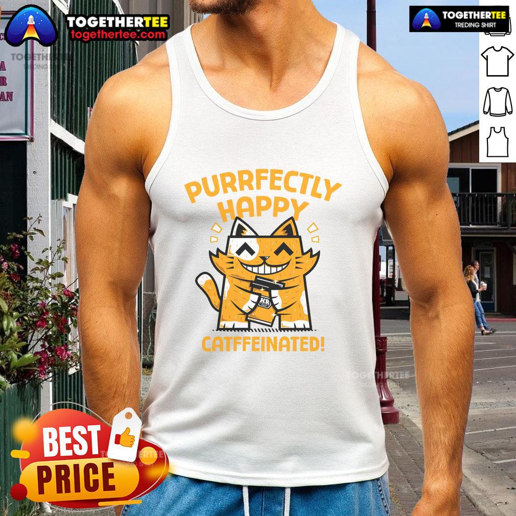 Official Purrfectly Happy Catffeinated Coffee Cat T-Shirt - Image 4