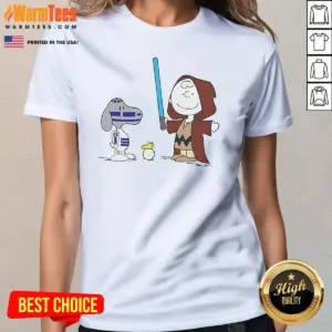 Alternative view of Hot Charlie Brown Snoopy Woodstock Star Wars R2 D2 BB 8 Mashup Character Shirt