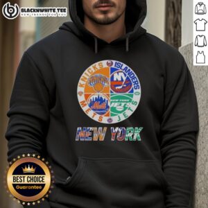 Alternative view of Original New York City Sports Knicks Islanders Jets Mets Logos Combine T-Shirt