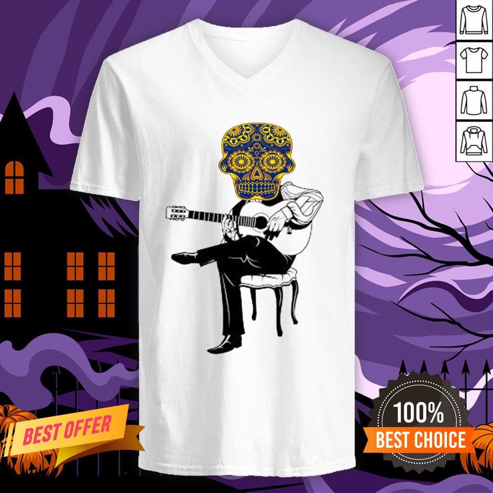 Sugar Skull Playing Guitar Day Of The Dead Shirt - Image 2