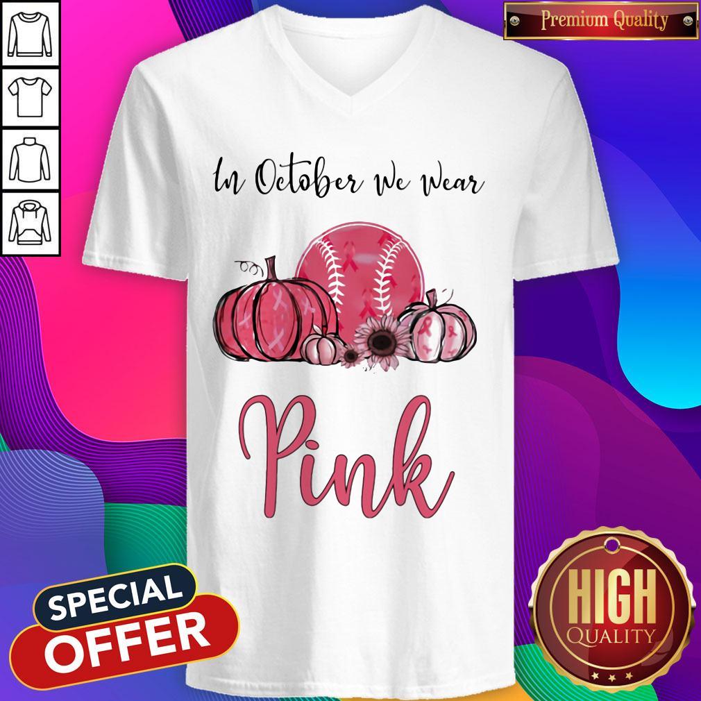 Official In October We Wear Pink Breast Cancer Awareness Pumpkin Baseball Shirt - Image 2