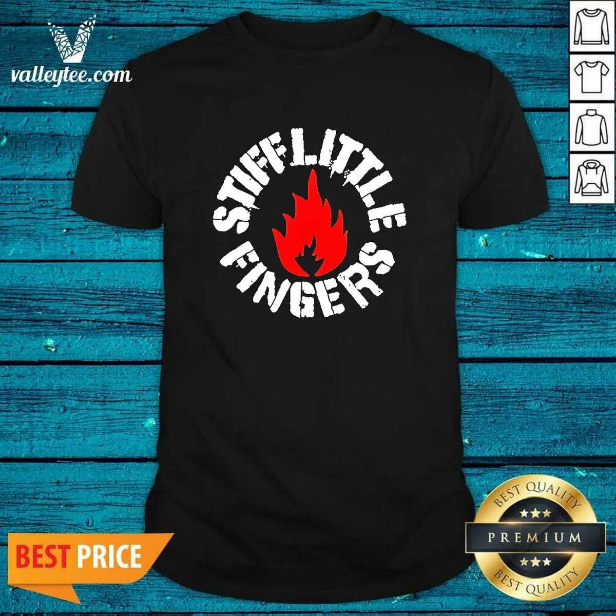 Official Stiff Little Fingers Circular Badge Logo With Flame Emblem Centered Inside Shirt