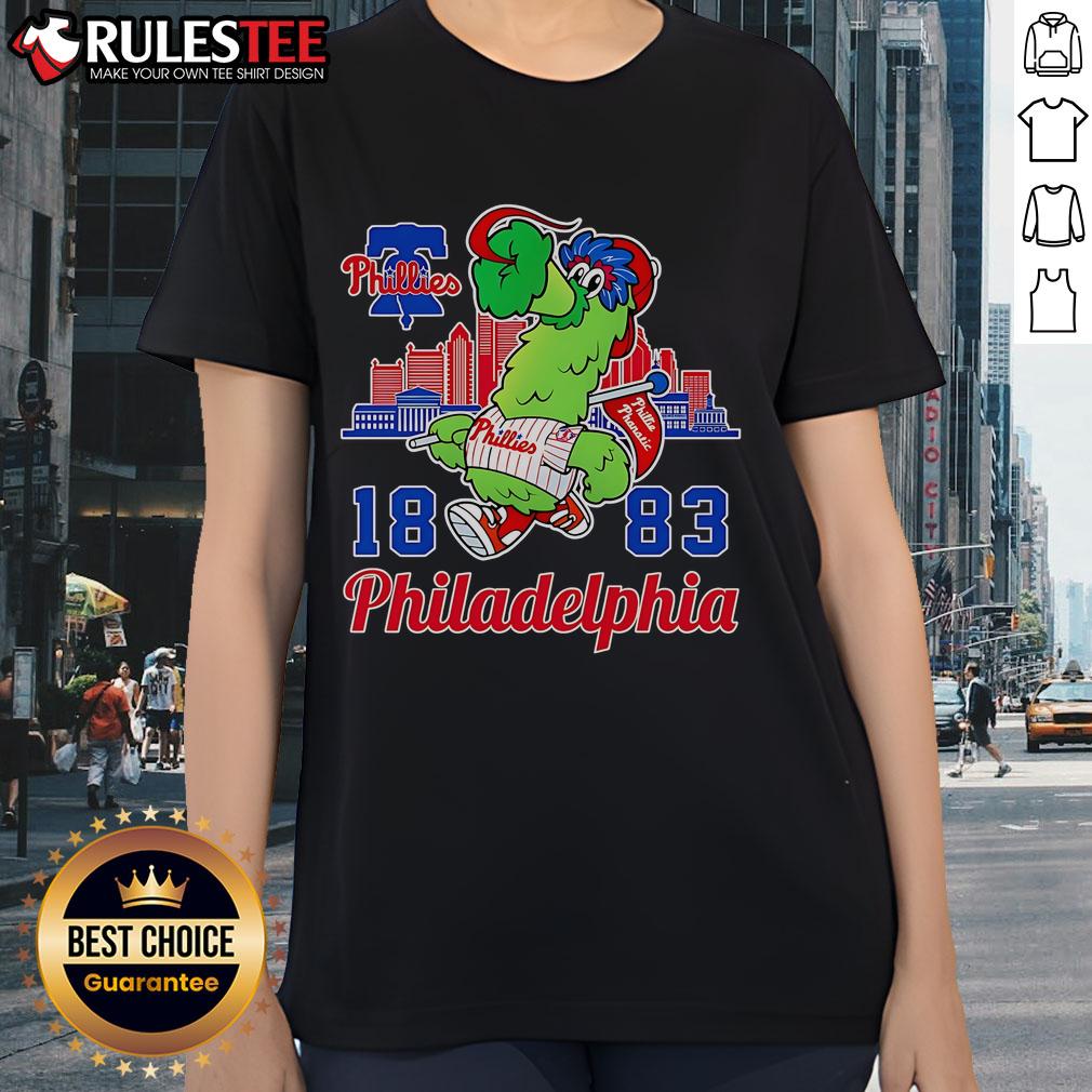 Awesome Phillie Phanatic Mascot 1883 Philadelphia Phillies Skyline T-Shirt - Image 3