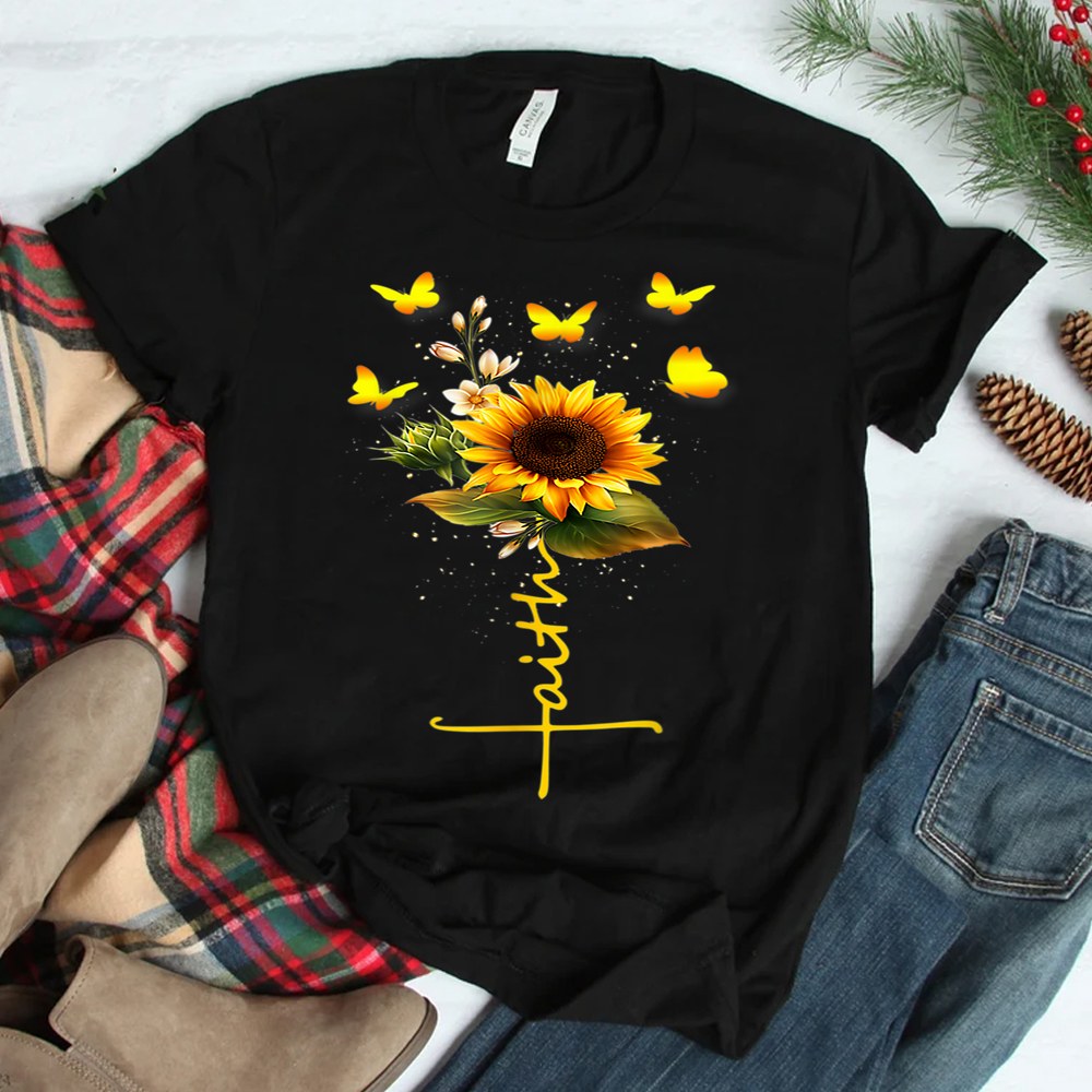 Faith Cross Sunflower Butterflies Flowers Christians Shirt