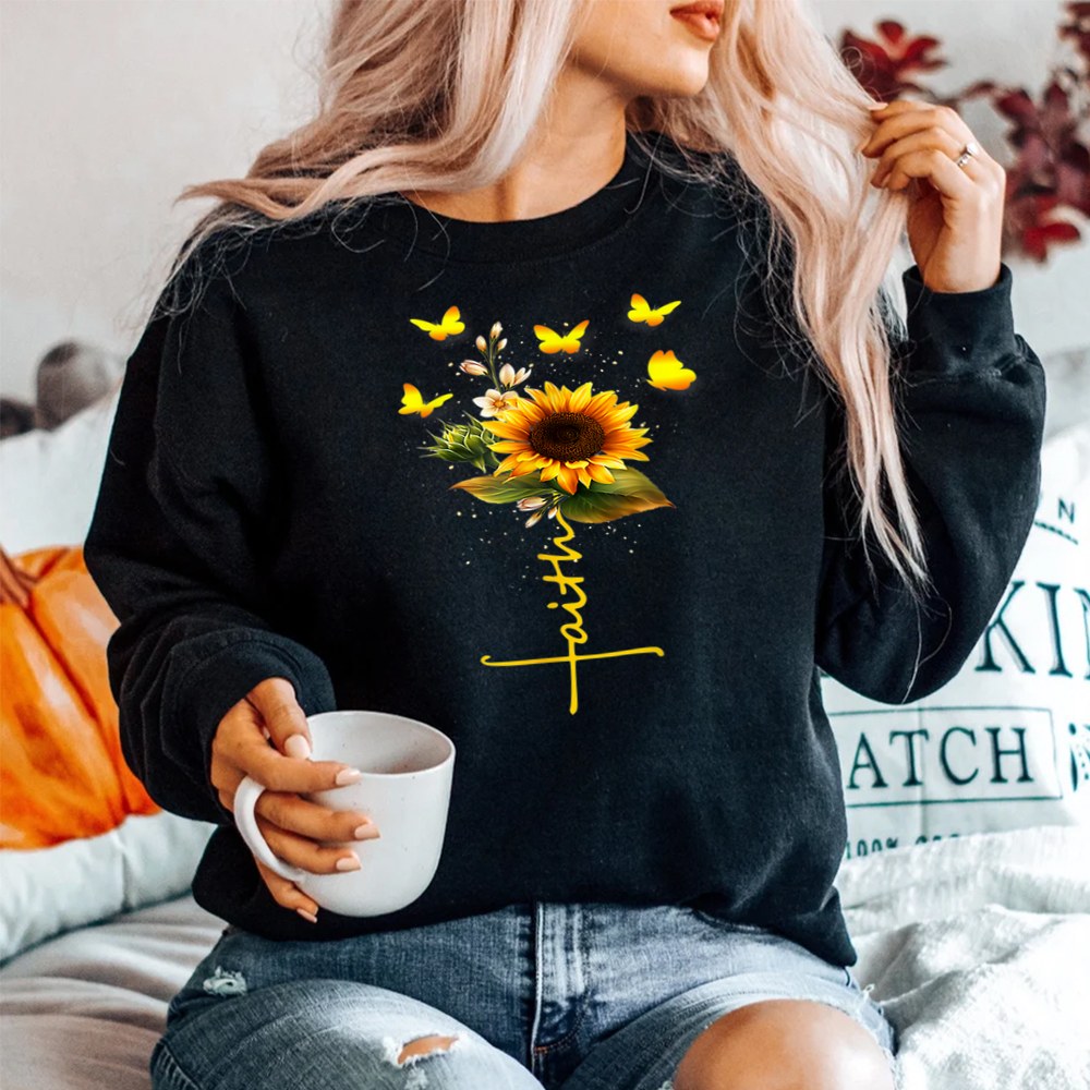 Faith Cross Sunflower Butterflies Flowers Christians Shirt - Image 2