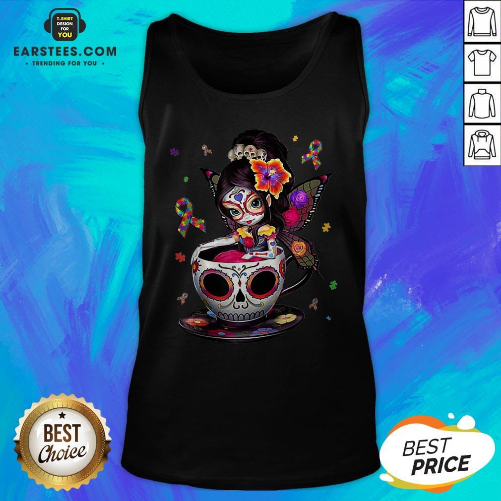 Pretty Sugar Skull Fairy Figurine It’s OK To Be Different Autism Awareness Shirt - Image 4