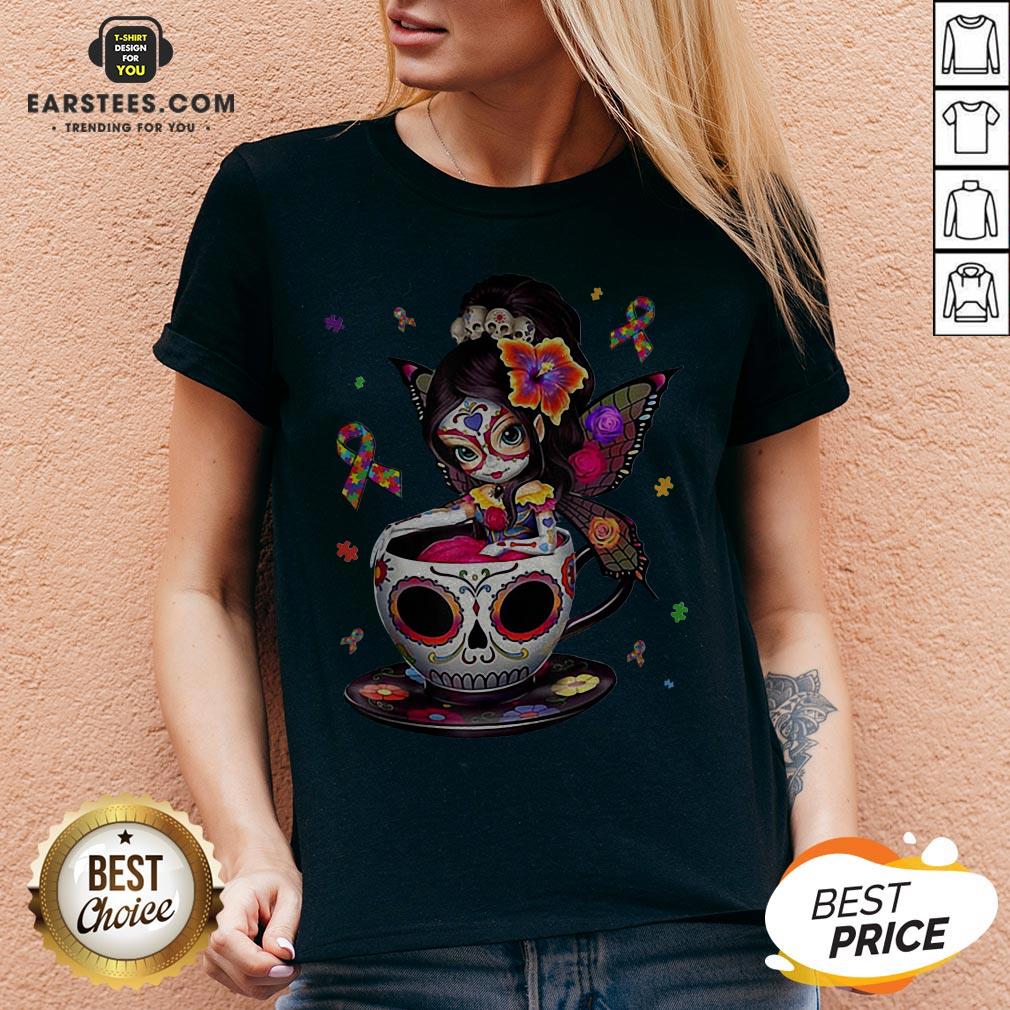 Pretty Sugar Skull Fairy Figurine It’s OK To Be Different Autism Awareness Shirt - Image 3
