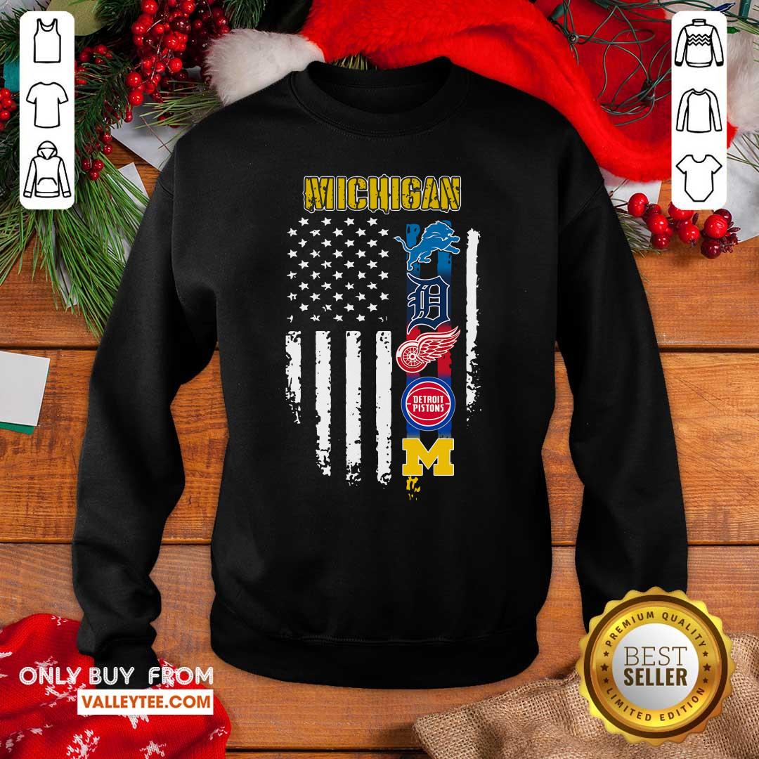 Hot Michigan Detroit Lions Detroit Red Wings Detroit Pistons American Flag Shirt - Image 2