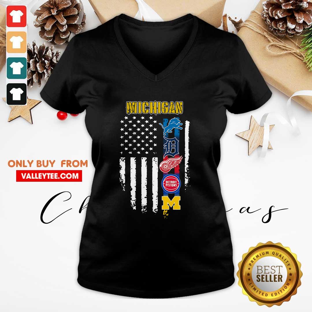Hot Michigan Detroit Lions Detroit Red Wings Detroit Pistons American Flag Shirt - Image 4