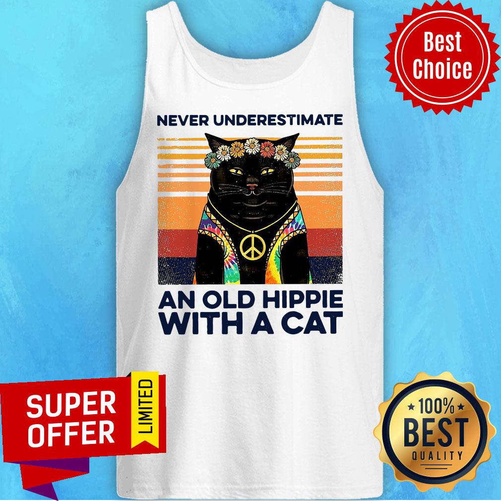 Never Underestimate An Old Hippie With A Cat Vintage Retro Shirt - Image 4