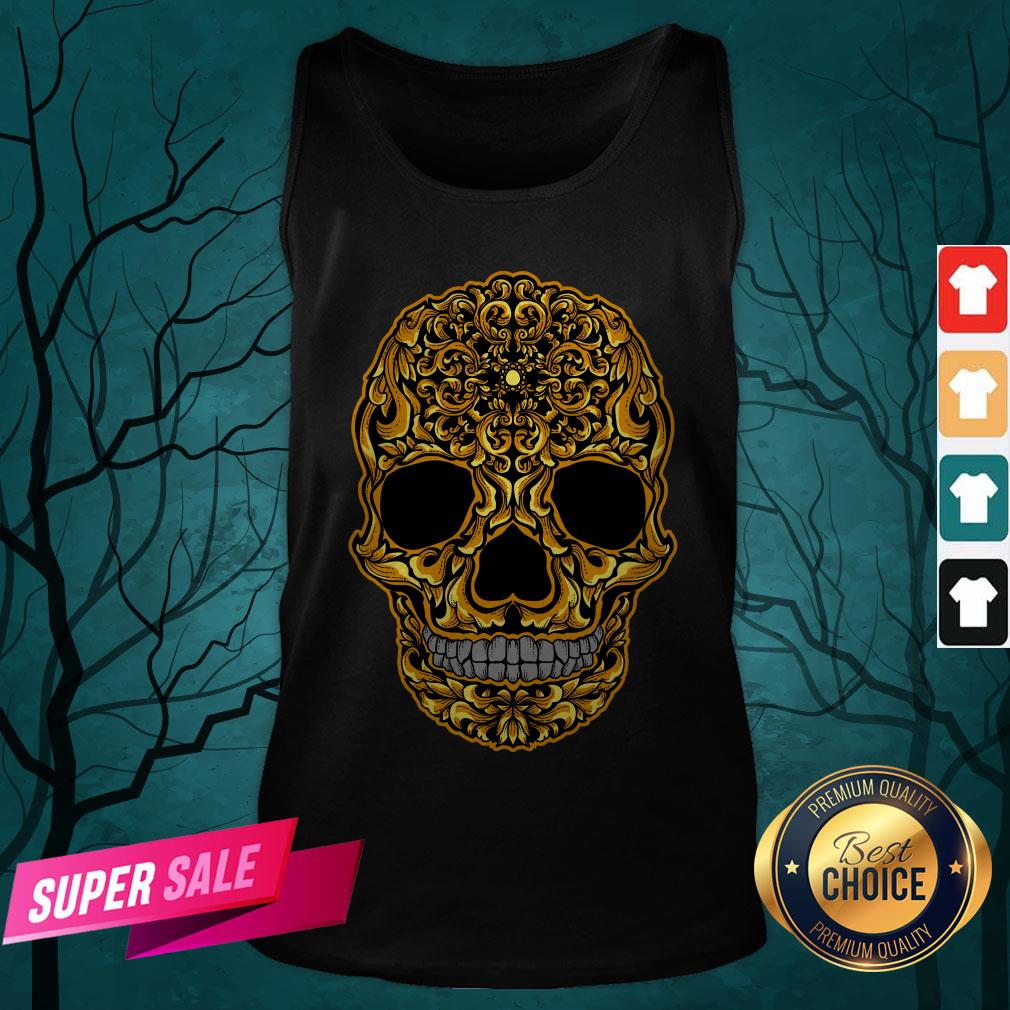 Gold Sugar Skull Day Dead Dia De Los Muertos Shirt - Image 5