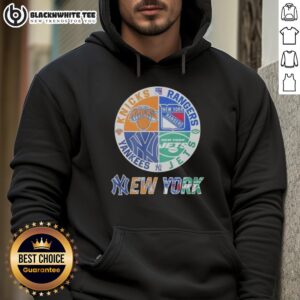 Alternative view of Official New York Yankees New York Rangers New York Jets New York Knicks Mashup Logo T-Shirt