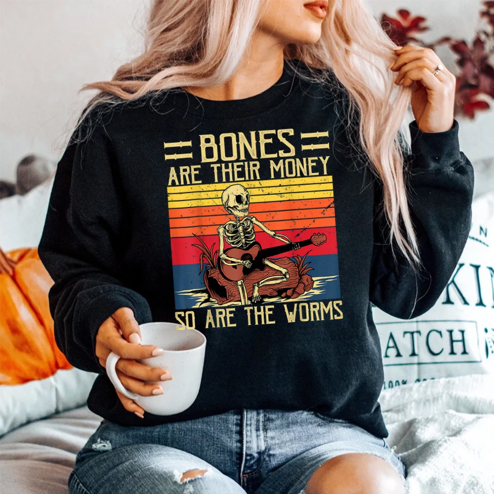 Bones Are Their Money Skeleton Playing Guitar Shirt - Image 2