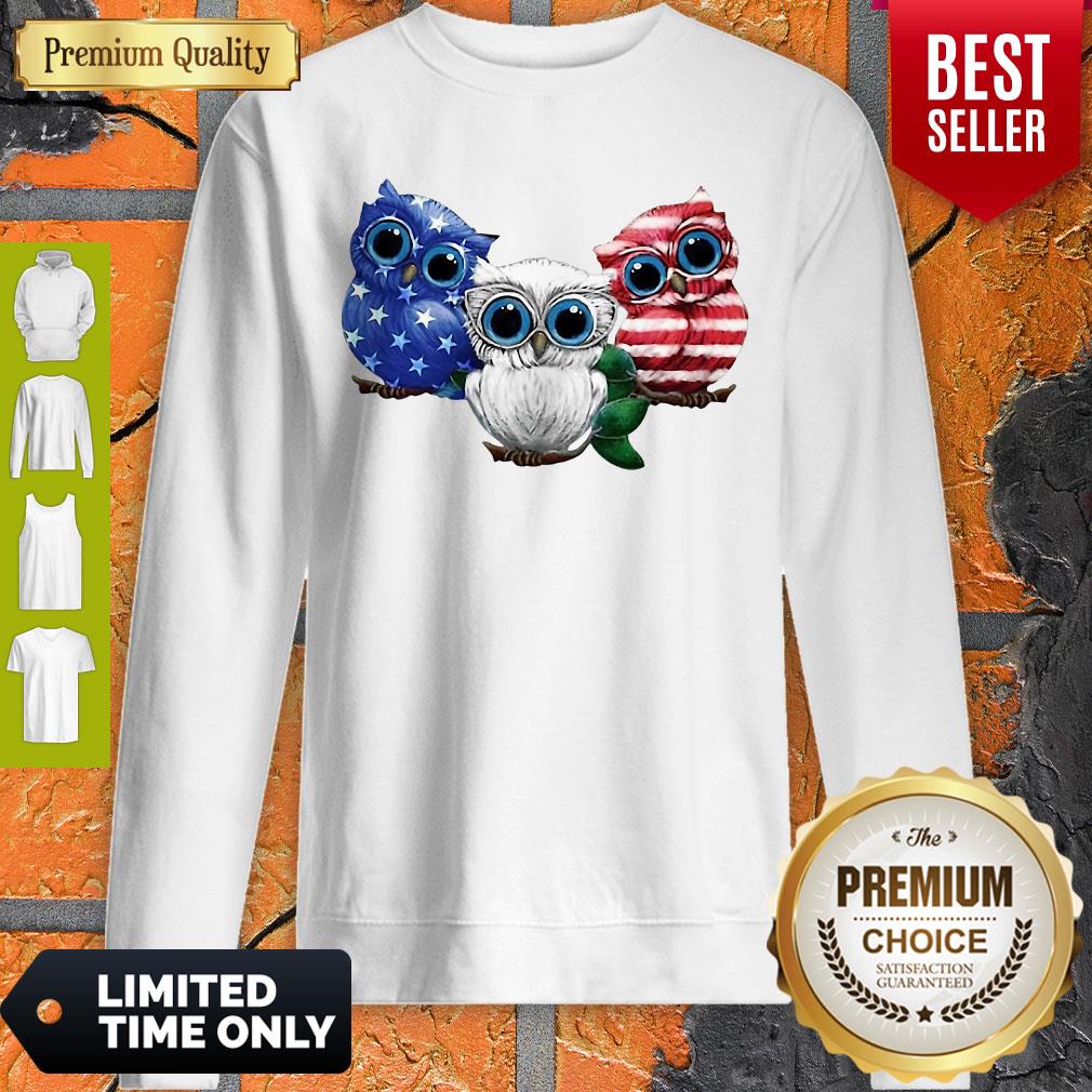 Official Owl Blue White Red American Flag Shirt - Image 3