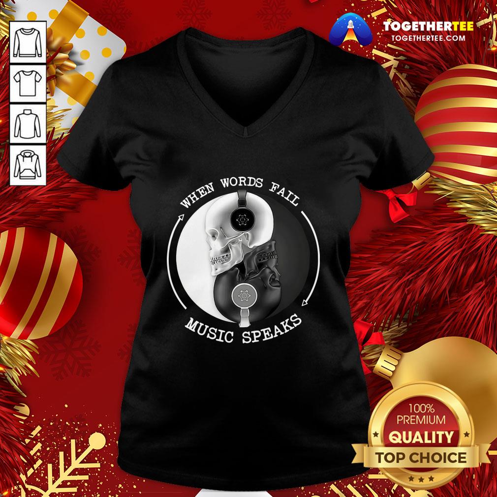 Funny Skull With Headphones When Words Fail Music Speaks Shirt - Image 2