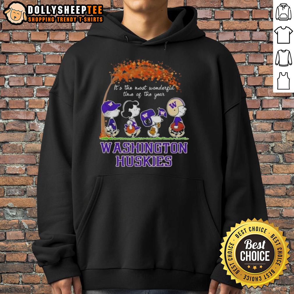 Awesome Washington Huskies X Peanuts Snoopy And Friends Autumn It's The Most Wonderful Time Of The Year T-Shirt - Image 2