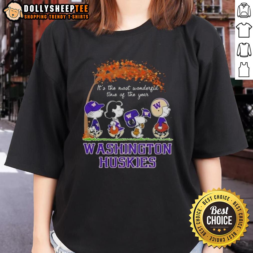 Awesome Washington Huskies X Peanuts Snoopy And Friends Autumn It's The Most Wonderful Time Of The Year T-Shirt - Image 3
