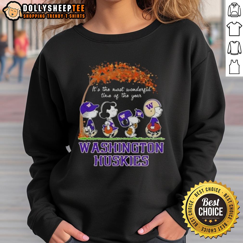 Awesome Washington Huskies X Peanuts Snoopy And Friends Autumn It's The Most Wonderful Time Of The Year T-Shirt - Image 5
