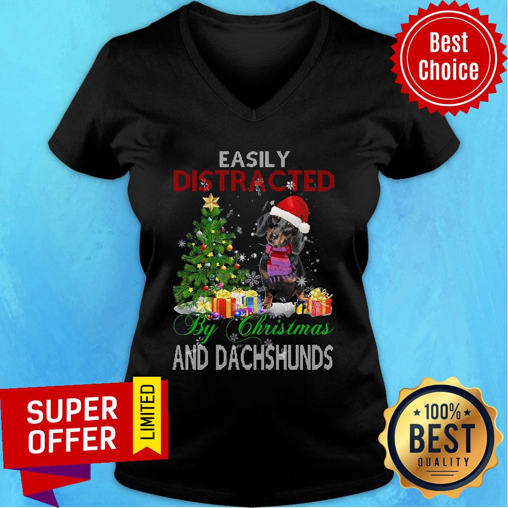 Official Santa Dachshund Easily Distracted By Christmas And Dachshunds Shirt - Image 3