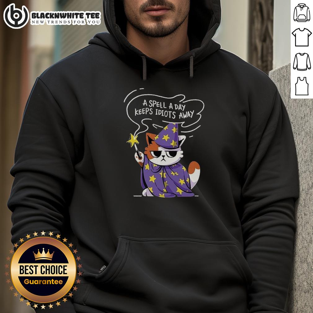 Nice A Spell A Day Keeps Idiots Away Antisocial Cat T-Shirt - Image 2