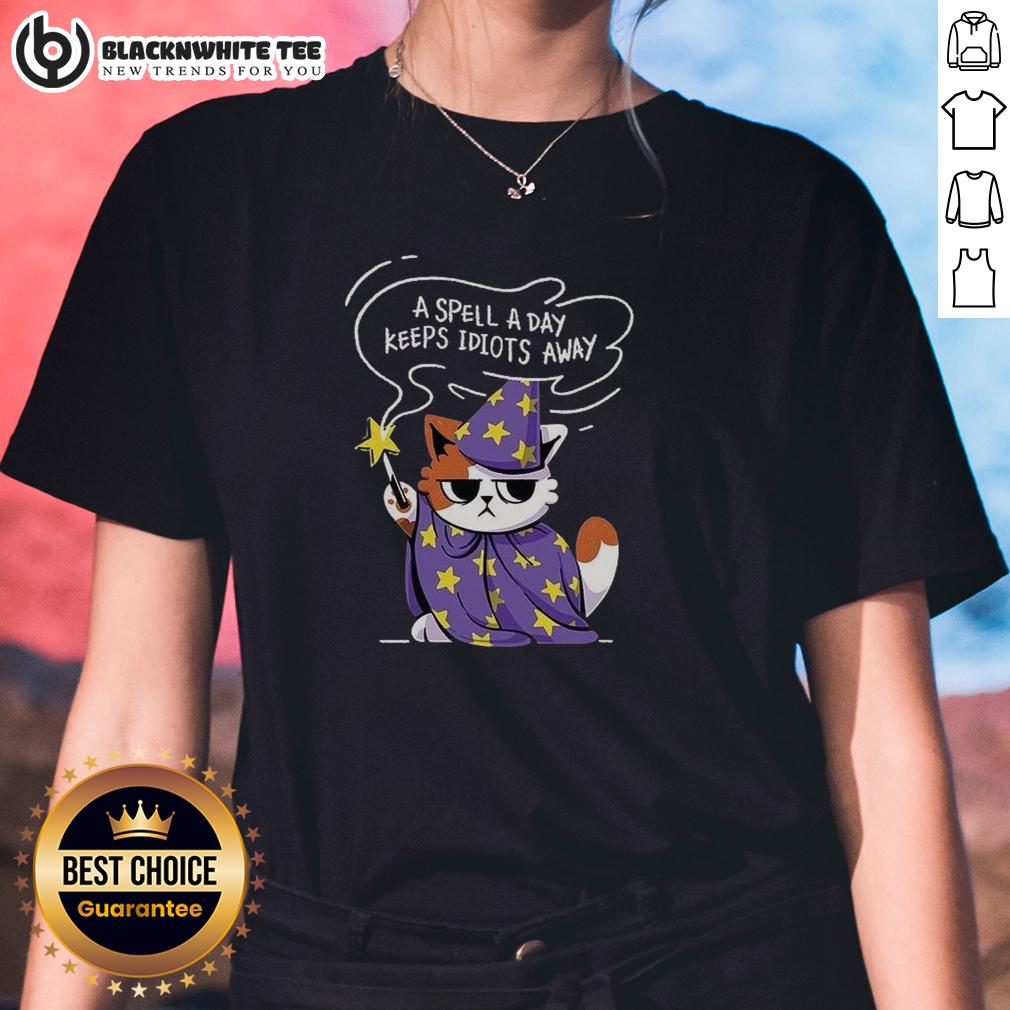 Nice A Spell A Day Keeps Idiots Away Antisocial Cat T-Shirt - Image 3