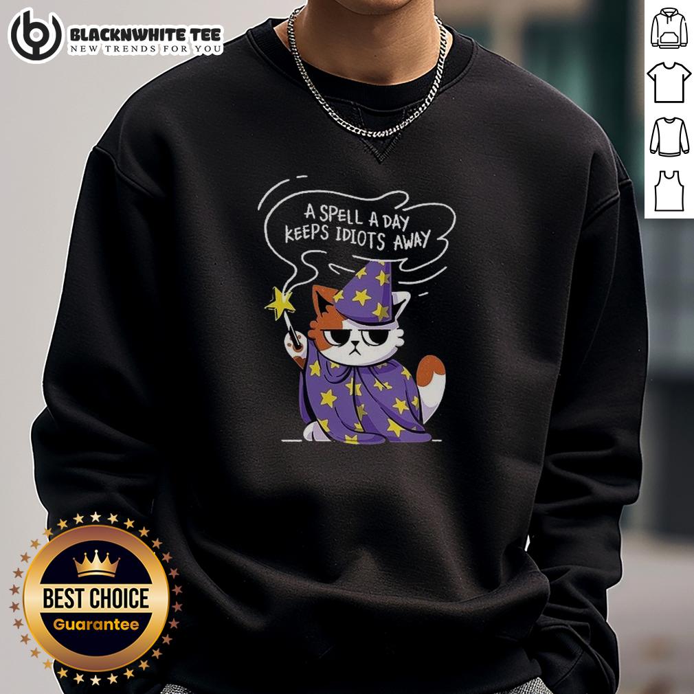 Nice A Spell A Day Keeps Idiots Away Antisocial Cat T-Shirt - Image 5