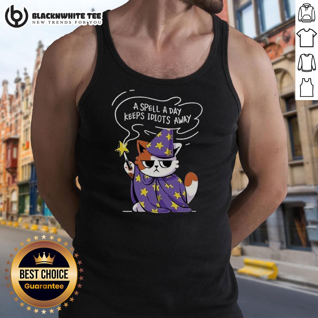 Nice A Spell A Day Keeps Idiots Away Antisocial Cat T-Shirt - Image 4