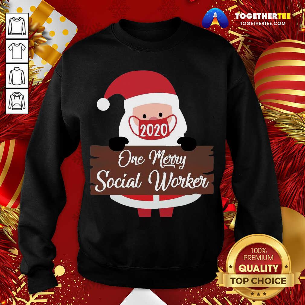 Top Santa Claus Face Mask 2020 One Merry Social Worker Christmas Shirt - Image 4