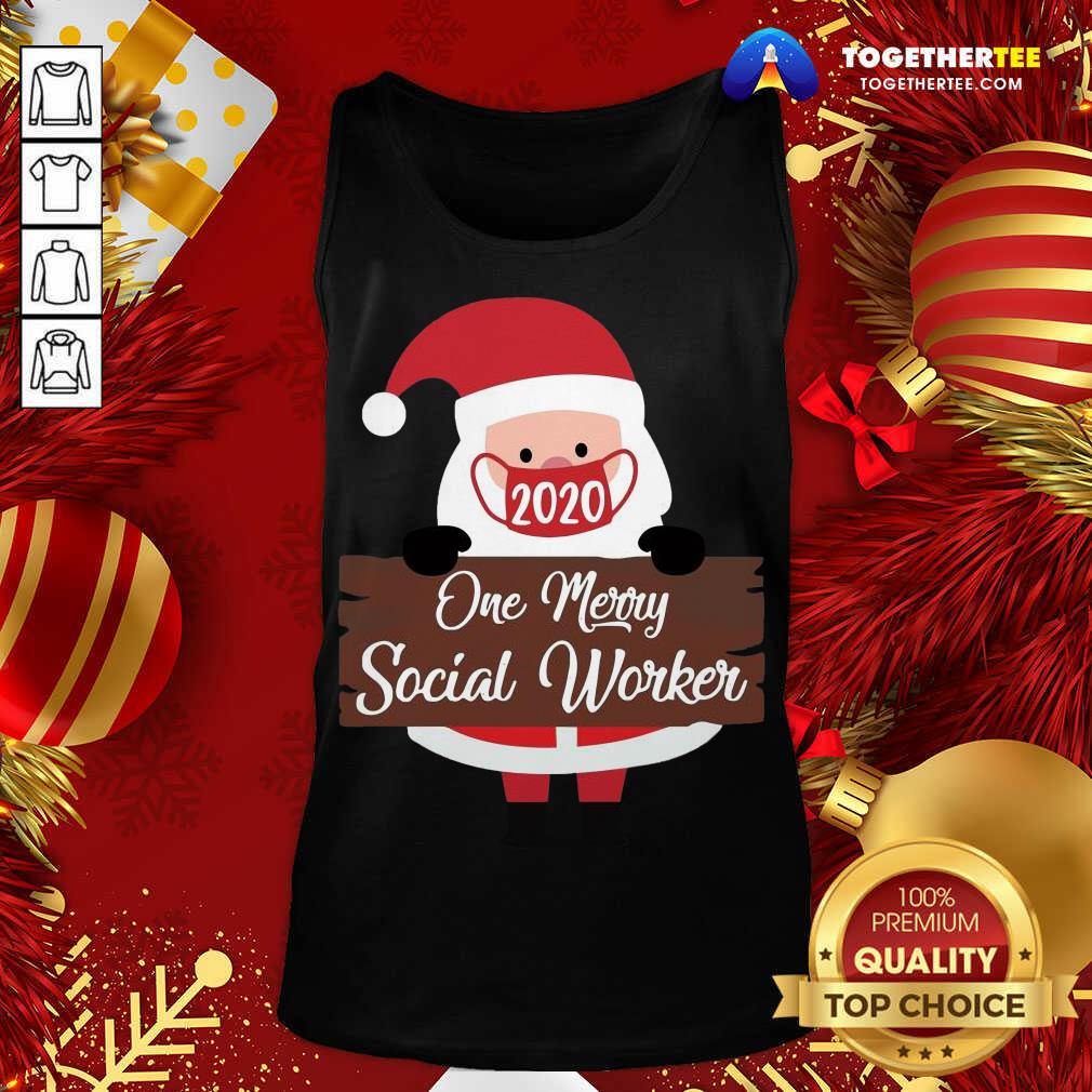 Top Santa Claus Face Mask 2020 One Merry Social Worker Christmas Shirt - Image 3