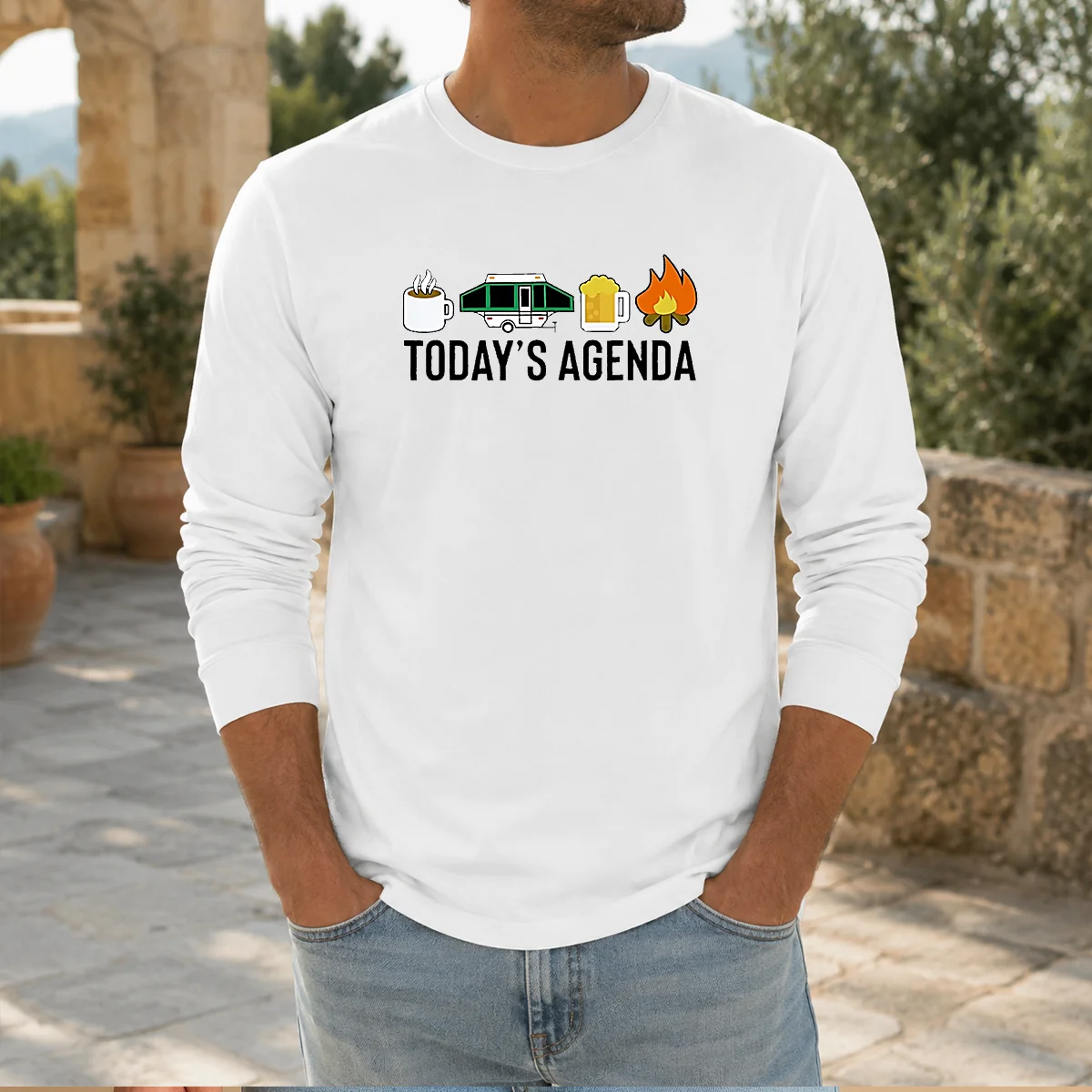 Good Camping Coffee Pop Up Camper Beer Campfire Today'S Agenda Shirt - Image 7