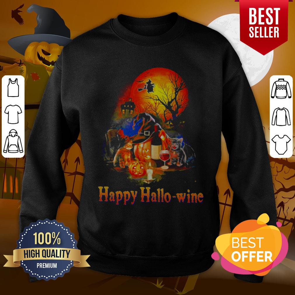 Happy Hallo Wine Cat Pumpkin Sunset Halloween Shirt - Image 4