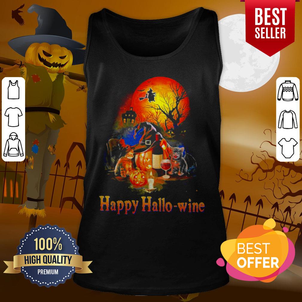Happy Hallo Wine Cat Pumpkin Sunset Halloween Shirt - Image 3