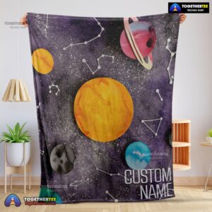 Official Outer Space Galaxy Watercolor Planets & Stars Blanket Fleece Customized Blanket