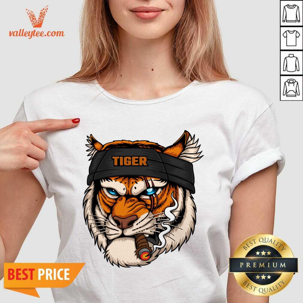 Tiger Head Wearing Bandana While Smoking Shirt - Image 4