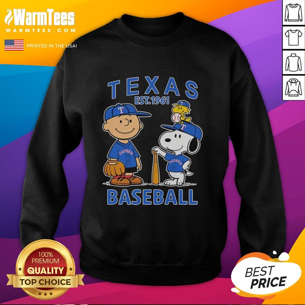 Nice Charlie Brown Snoopy And Woodstock With Texas Rangers Baseball Jersey Est 1961 T-Shirt - Image 5