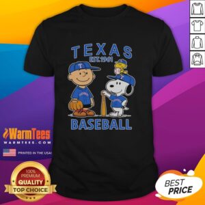 Nice Charlie Brown Snoopy And Woodstock With Texas Rangers Baseball Jersey Est 1961 T-Shirt