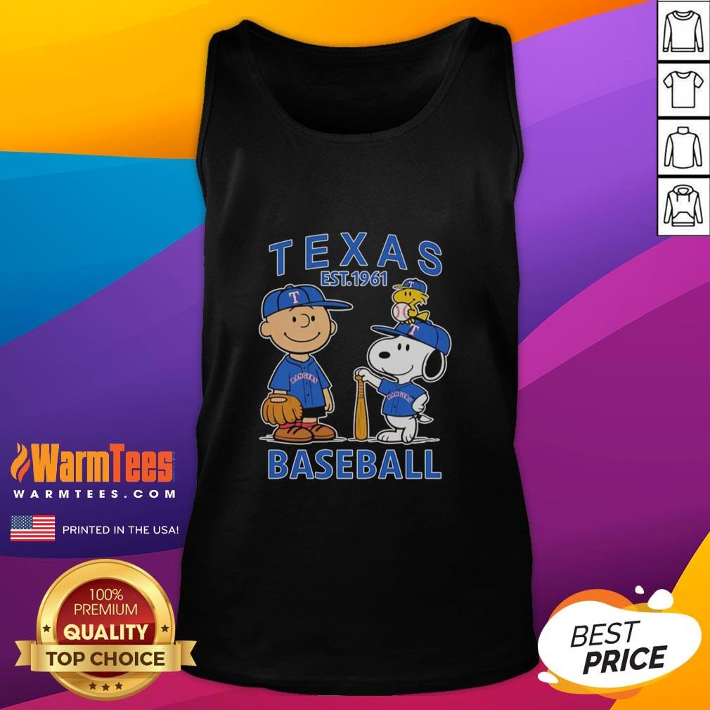 Nice Charlie Brown Snoopy And Woodstock With Texas Rangers Baseball Jersey Est 1961 T-Shirt - Image 4
