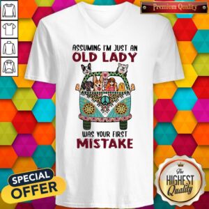 Alternative view of Awesome Assuming I'm Just An Old Lady Was Your First Mistake Peace Bus Dogs Shirt