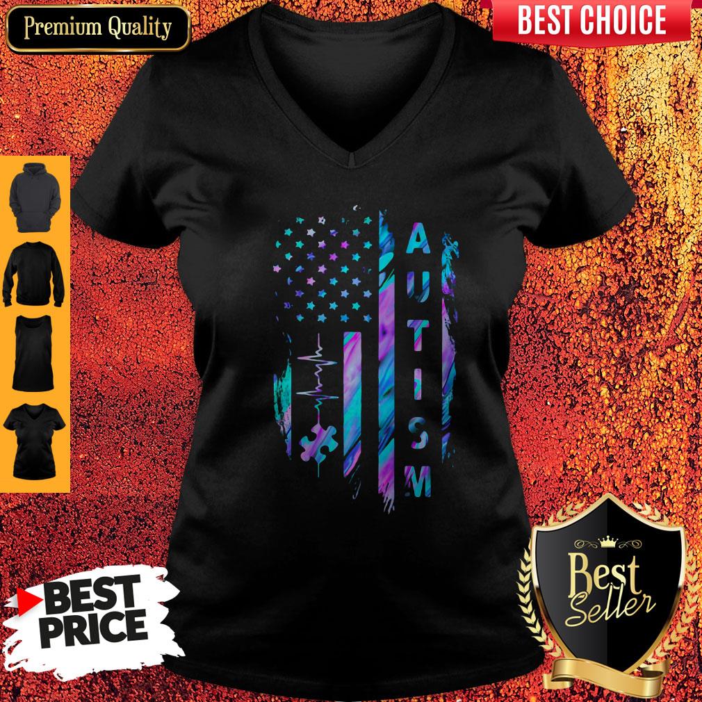 Top Autism American Flag Heartbeat Shirt - Image 3