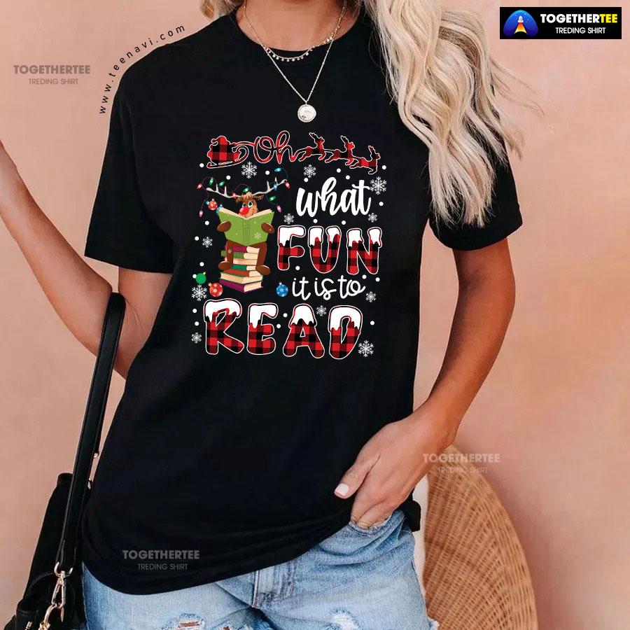 Oh What Fun It Is To Read Reindeer Reading Books for Christmas T-Shirt - Image 3
