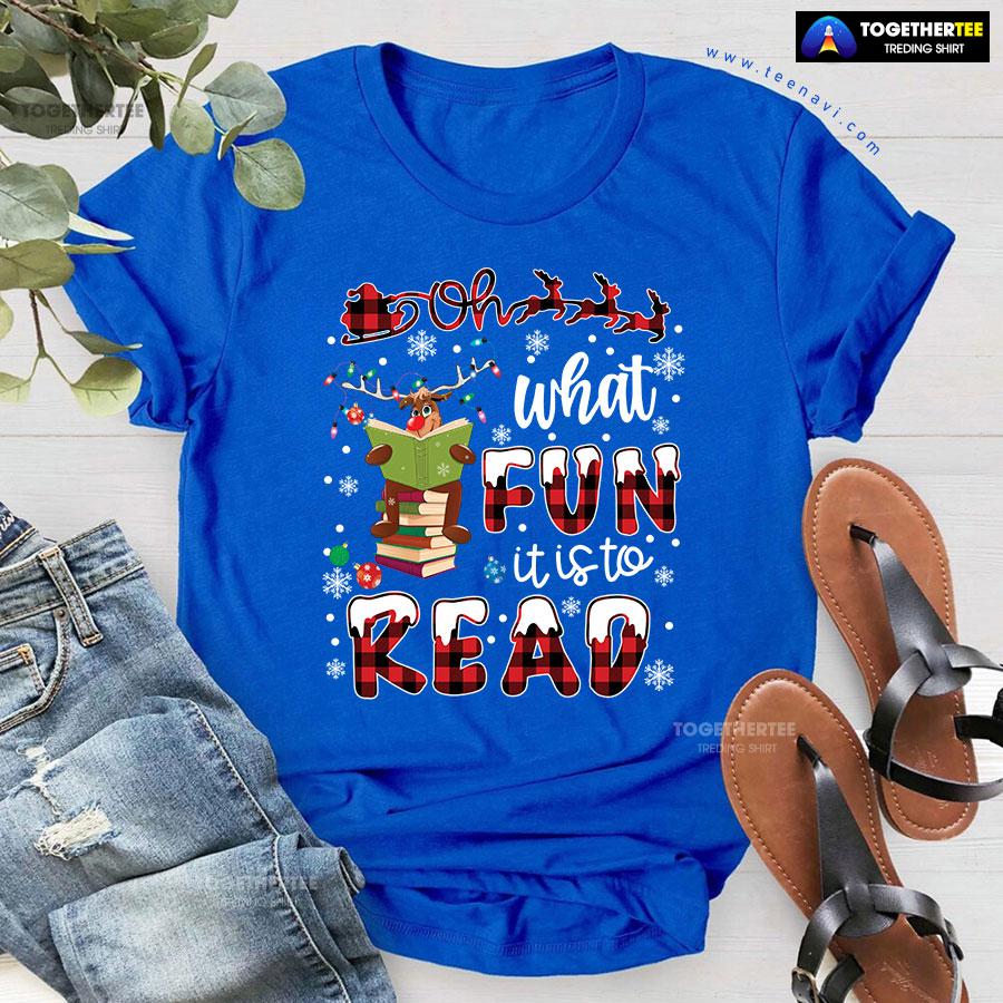Oh What Fun It Is To Read Reindeer Reading Books for Christmas T-Shirt - Image 6