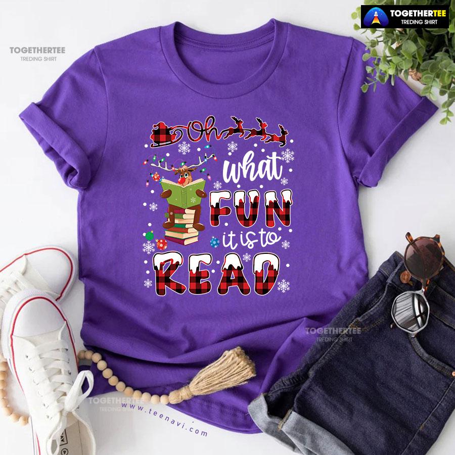 Oh What Fun It Is To Read Reindeer Reading Books for Christmas T-Shirt - Image 7