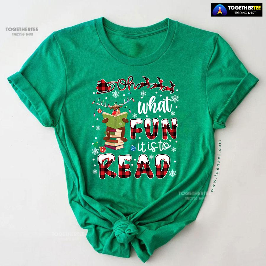 Oh What Fun It Is To Read Reindeer Reading Books for Christmas T-Shirt - Image 9