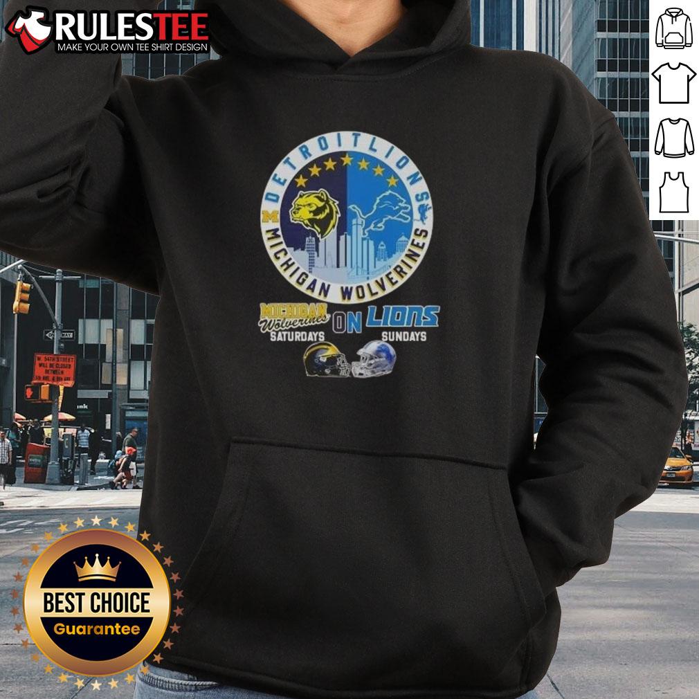 Awesome Michigan Wolverines Saturdays On Detroit Lions Sundays Helmets Skyline T-Shirt - Image 2