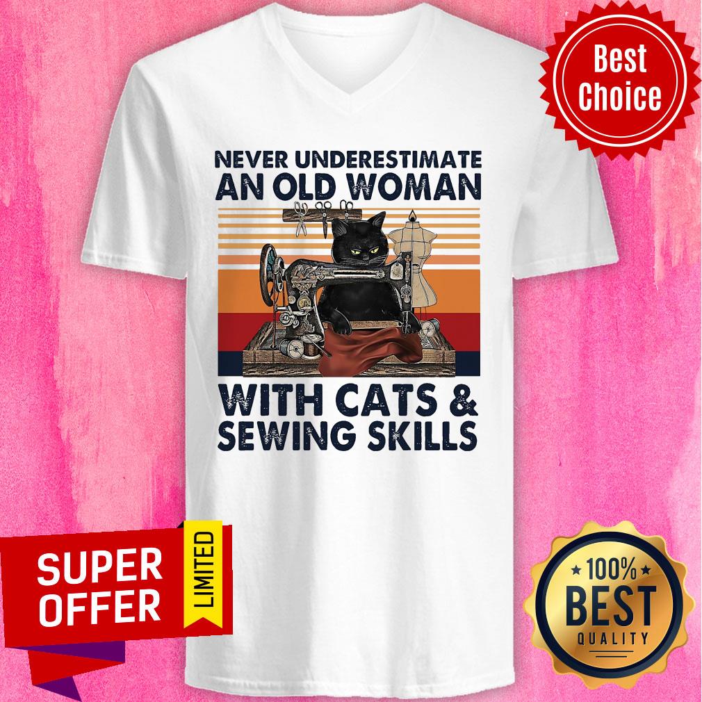 Funny Never Underestimate An Old Woman With Cats & Sewing Skills Shirt - Image 3
