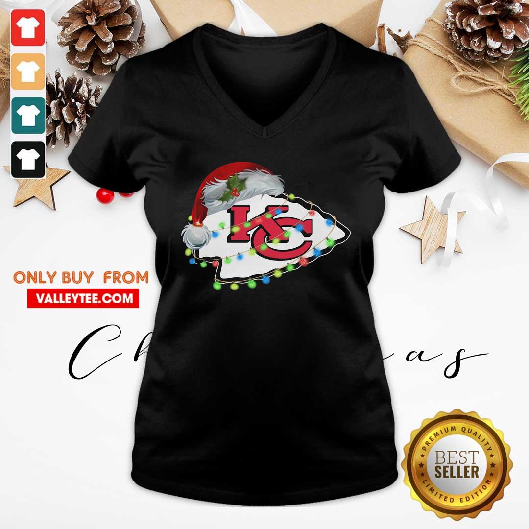 Funny Santa Kansas City Chiefs logo light Christmas Shirt - Image 4