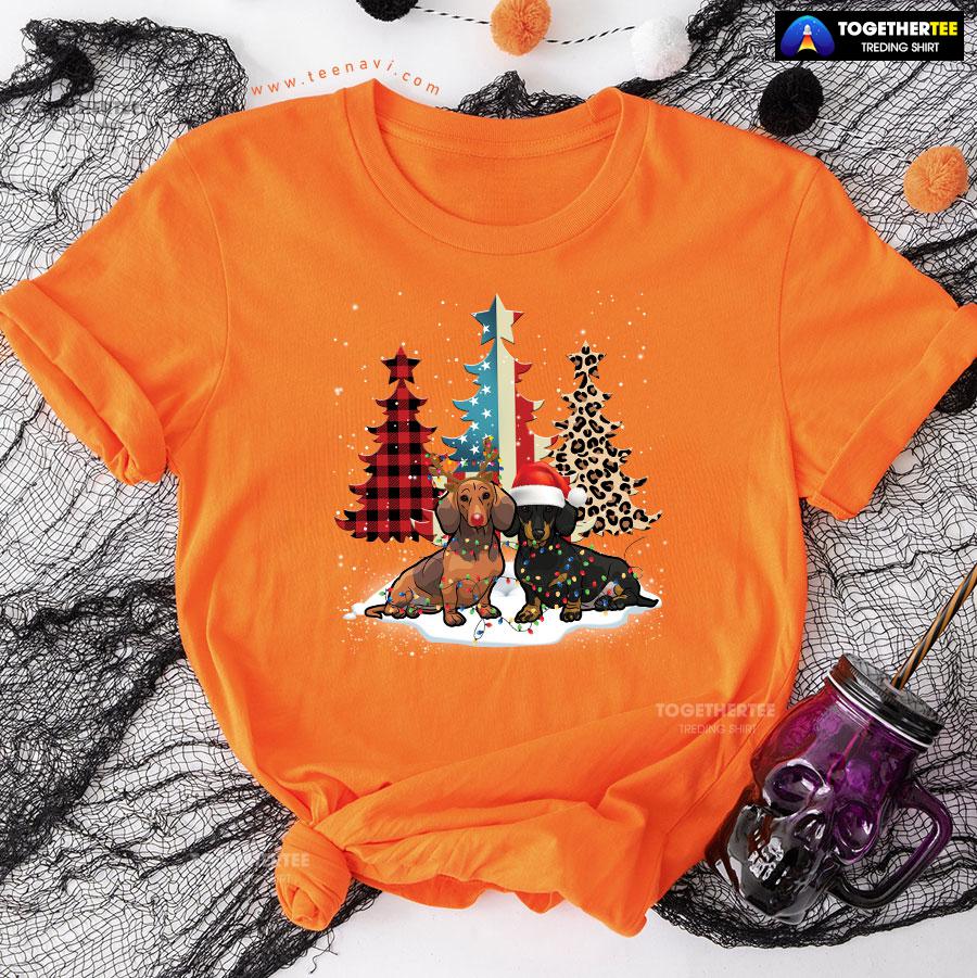 Merry Christmas Dachshunds Standing Beside Xmas Trees American Flag Leopard And Plaid Trees T-Shirt - Image 10
