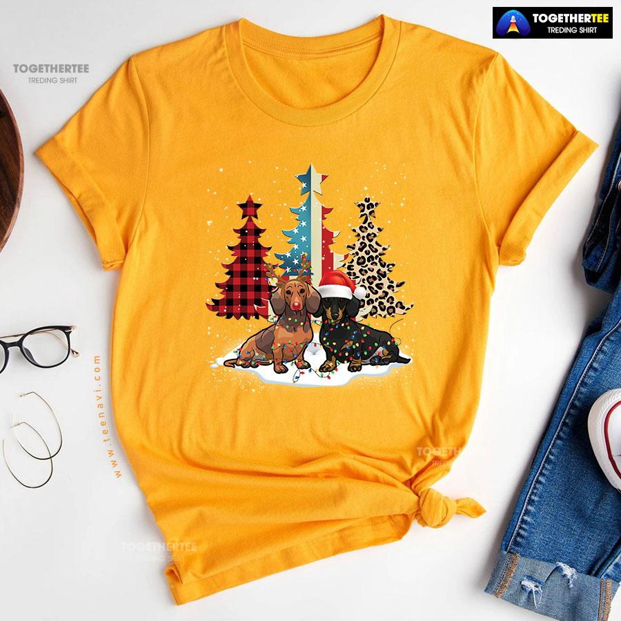 Merry Christmas Dachshunds Standing Beside Xmas Trees American Flag Leopard And Plaid Trees T-Shirt - Image 11