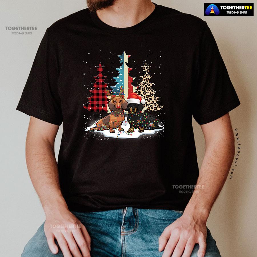 Merry Christmas Dachshunds Standing Beside Xmas Trees American Flag Leopard And Plaid Trees T-Shirt - Image 2